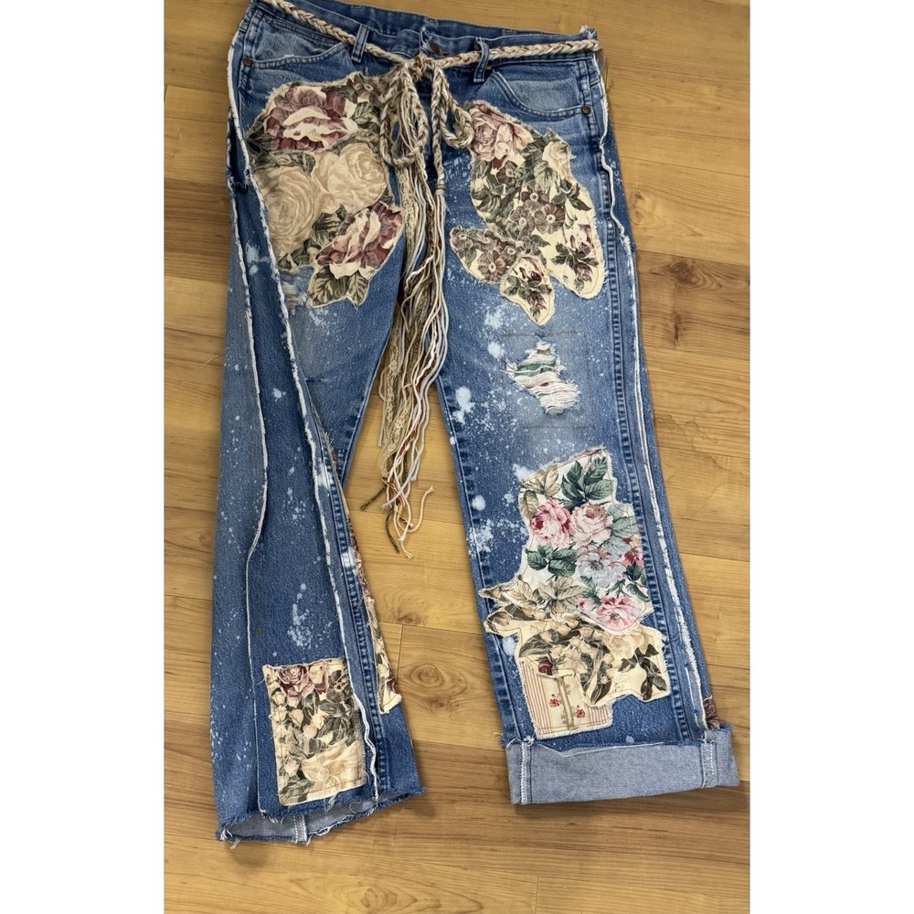 OOAK Upcycled Wrangler Jeans Whimsigoth Boho Lagenlook Reworked Denim Distressed - Picture 10 of 16